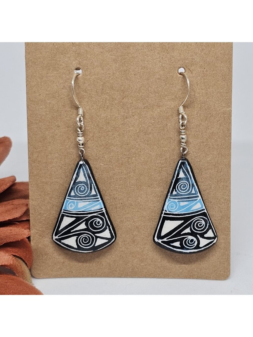 925 Sterling Silver Polymer Clay Tribal Triangle Dangle Earrings Blue Black Boho